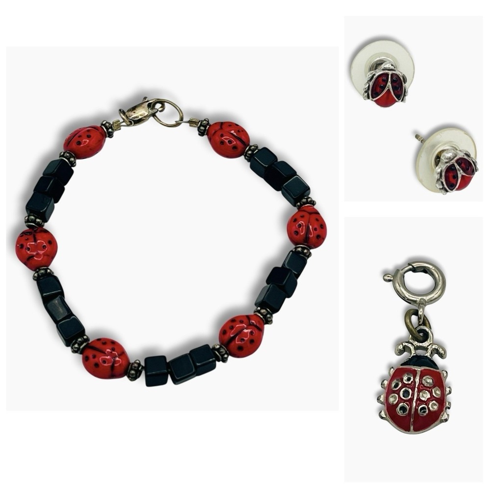 Sterling Silver 925 Red Lucite Lady Bug Onyx Bead Bracelet 6.5" Charm Earrings